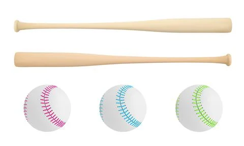 Baseball bat and ball in vector on white background. A baseball made of lea.. Stock Illustration