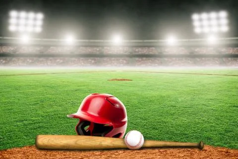 Baseball, Bat and Helmet on Field in Outdoor Stadium With Copy Space Stock Illustration