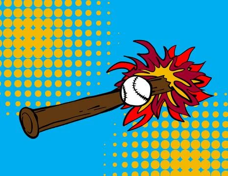 Baseball bat hitting ball exploding pop art illustration Stock Illustration