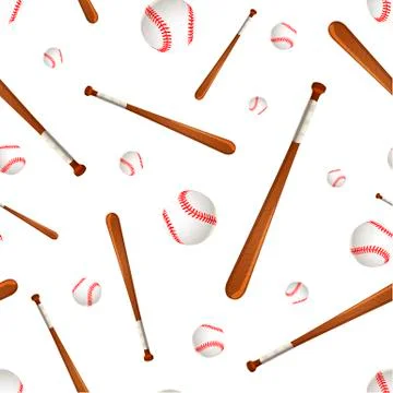 Baseball bats and balls on white, seamless pattern Stock Illustration