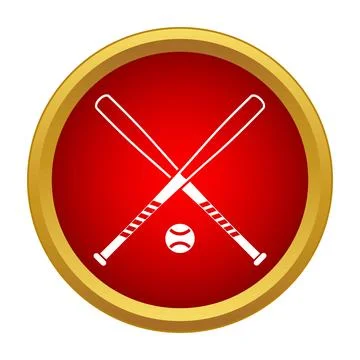 Baseball bats crossing behind a white ball in a red and gold circle icon Stock Illustration