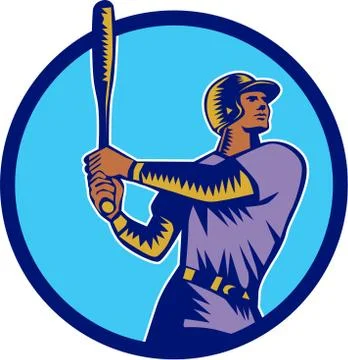 Baseball Batter Batting Bat Circle Woodcut Stock Illustration