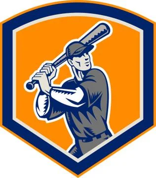 Baseball batter batting shield retro Stock Illustration
