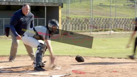 Baseball batter swinging, runner sliding, trying to score at plate, catcher Stock Footage 333592879