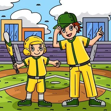 Baseball Boy and Coach Colored Cartoon Stock Illustration