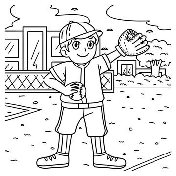 Baseball Boy Pitcher Coloring Page for Kids Stock Illustration