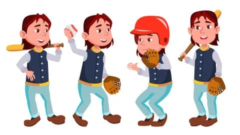 Baseball Boy Schoolboy Kid Poses Set Vector. Primary School Child. Competition Stock Illustration