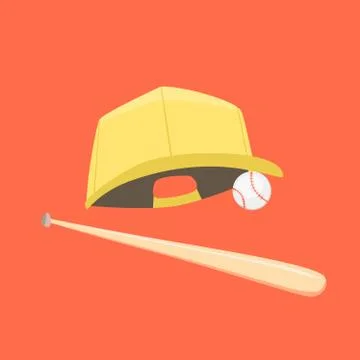 Baseball cap, ball and bat isolated on orange background Stock Illustration