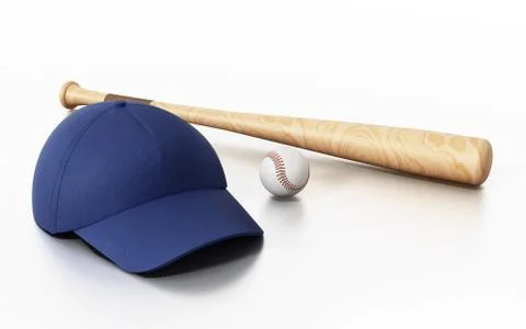 Baseball cap, ball and bat isolated on white background. 3D illustration Illustrazione stock