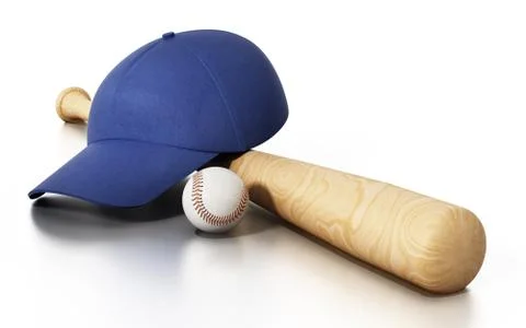 Baseball cap, ball and bat isolated on white background. 3D illustration Illustrazione stock