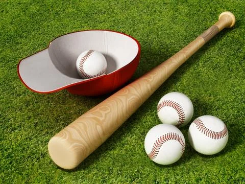 Baseball cap, ball and bat standing on grass field. 3D illustration Stock Illustration