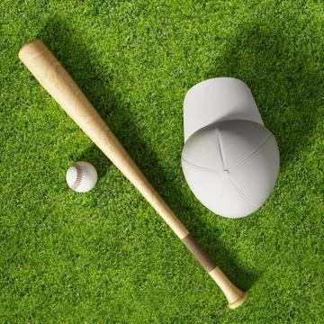 Baseball cap, ball and bat standing on grass field. 3D illustration Illustrazione stock