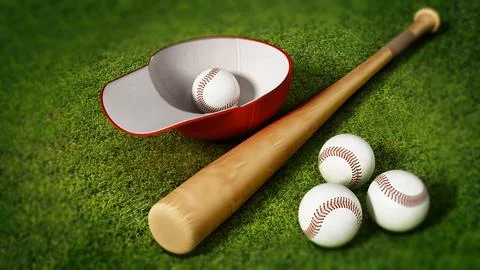 Baseball cap, ball and bat standing on grass field. 3D illustration Illustrazione stock