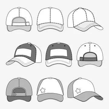 Baseball cap front back and side view outline vector template Illustrazione stock