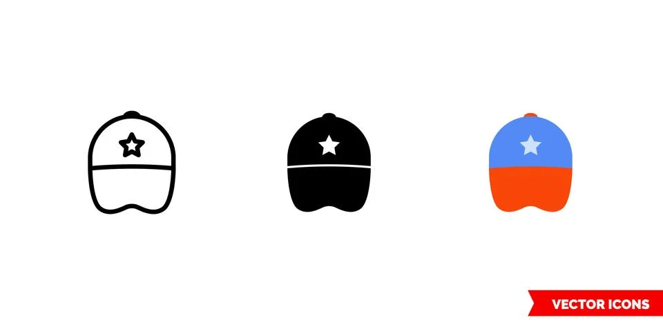 Baseball cap icon of 3 types color, black and white, outline. Isolated vector Illustrazione stock