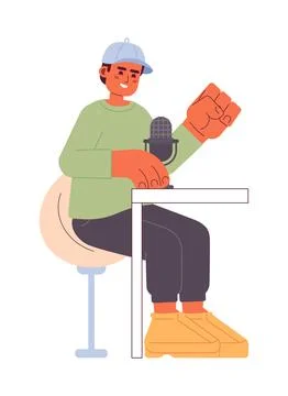 Baseball cap man speaking into microphone podcast 2D cartoon character Stock Illustration