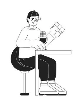 Baseball cap man speaking into microphone podcast bw 2D cartoon character Stock Illustration