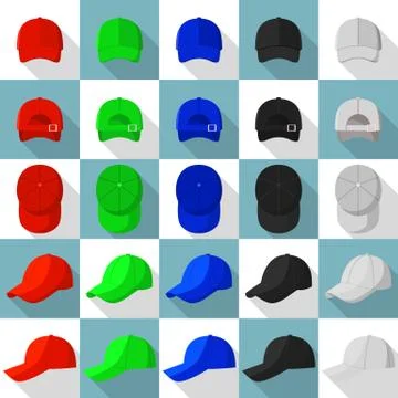 Baseball cap views icons set, flat style Stock Illustration