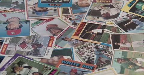 Baseball Cards - Vintage - Old Collectible Cards - Throwing Cards on Pile Stock Footage