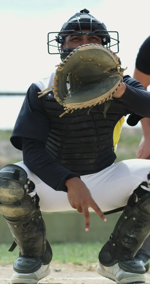 Baseball catcher, man and waiting in game on field for tournament, fitness and Stock Footage 336700708