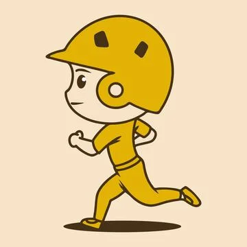 Baseball chibi character with helm in running pose in yellow retro colors Stock Illustration