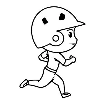 Baseball chibi character with helm in running pose in black line art Stock Illustration