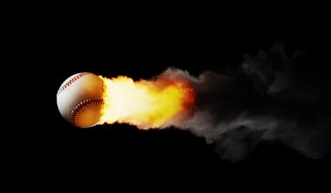Baseball close-up flying fast with fire and smoke. 3D illustration Stock Illustration