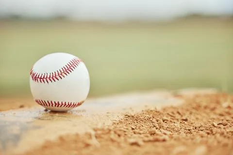 Baseball closeup, field and sports training outdoors for fitness, sport health Stock Photos