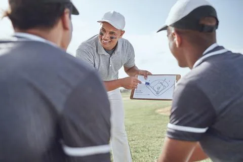 Baseball coaching, strategy or team planning on clipboard for match exercise Stock Photos