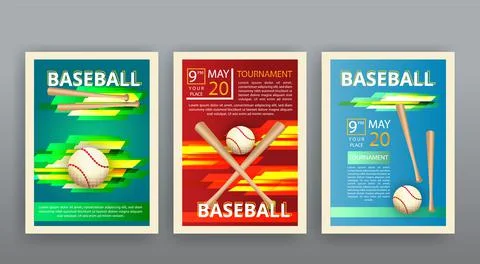 Baseball competition vector flyer template, realistic baseball equipment Stock Illustration