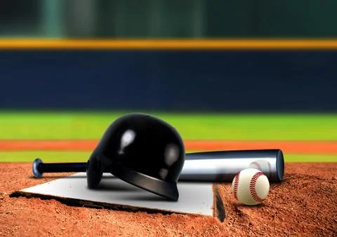 Baseball equipment on base Stock Photos