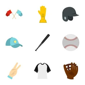 Baseball equipment icons set, flat style Illustrazione stock