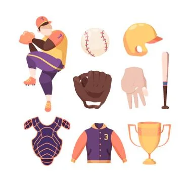 Baseball equipment set. Protective striped bib and gold winners cup character in Stock-Illustration