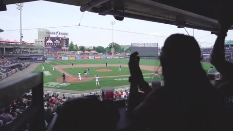 Baseball fans cheer as baseball player hits a flyball and scores a run Stock Footage 246879703