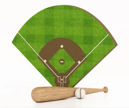 Baseball field, bat and ball isolated on white background. 3D illustration Stock Illustration