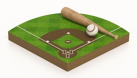 Baseball field, bat and ball isolated on white background. 3D illustration Stock Illustration