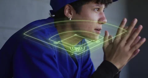 Baseball field diagram animation over person in blue uniform Stock Footage 306273334