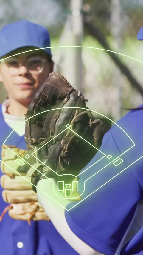 Baseball field diagram animation over players in blue uniforms Stock Footage 343829195