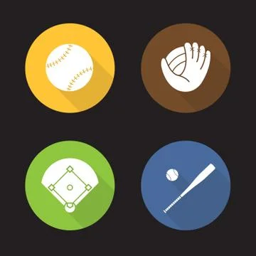 Baseball flat design long shadow icons set Illustrazione stock