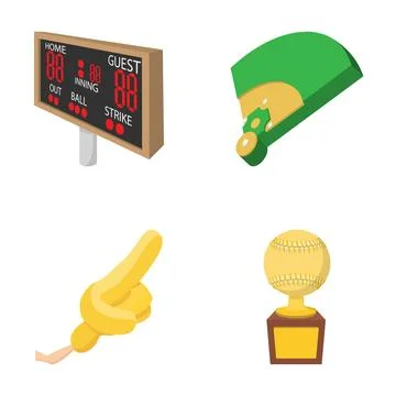 Baseball game elements including scoreboard field trophy foam finger 库存插图