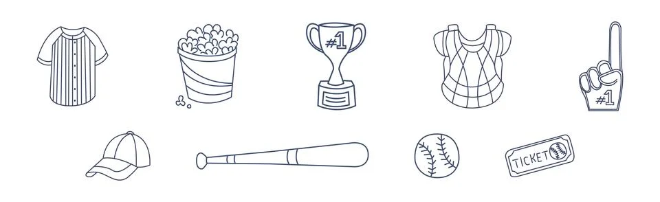 Baseball Game Match Linear Simple Flat Icon Vector Set Stock Illustration