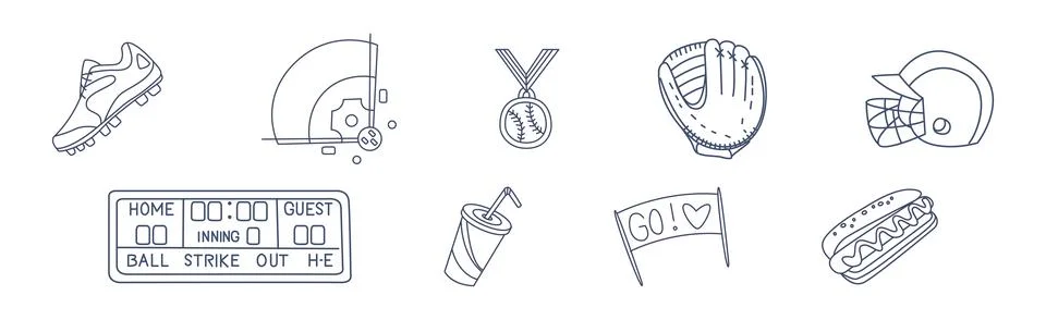 Baseball Game Match Linear Simple Flat Icon Vector Set Stock Illustration