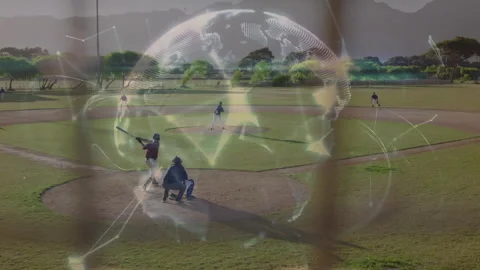 Baseball game in progress with digital globe animation overlaying field Stock Footage 305686112