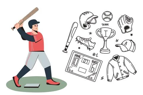 Baseball hand draw doodle set of player, uniform for game, sport equipment Stock Illustration