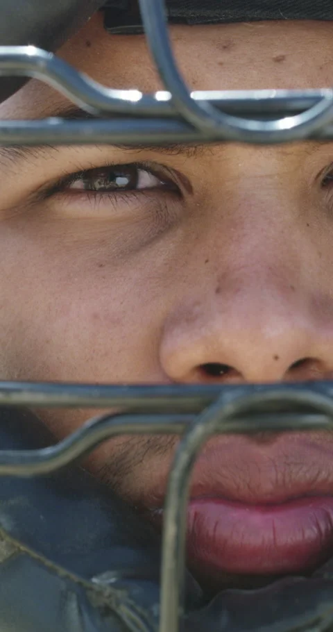 Baseball, helmet and catcher on field for fitness, pitching and championship Stock Footage 336711015