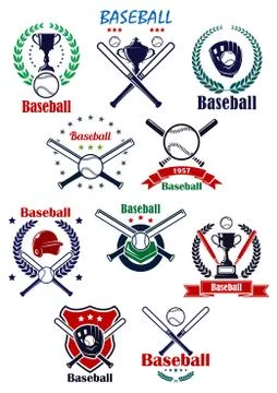 Baseball heraldic emblems or badges with equipments Illustrazione stock