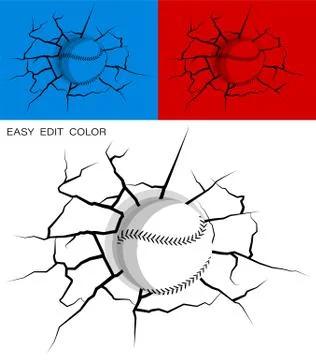 Baseball hit wall powerfully and damaged, cracks on wall. Sports design element Stock Illustration