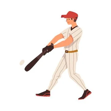 Baseball hitter batting ball with bat, flat vector illustration isolated on Stock Illustration