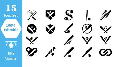Baseball icon set featuring bats balls and sport equipment baseball equipment Stock Illustration