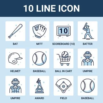 Baseball icons set including bat, mitt, scoreboard, batter, helmet, ball, u.. イラスト素材